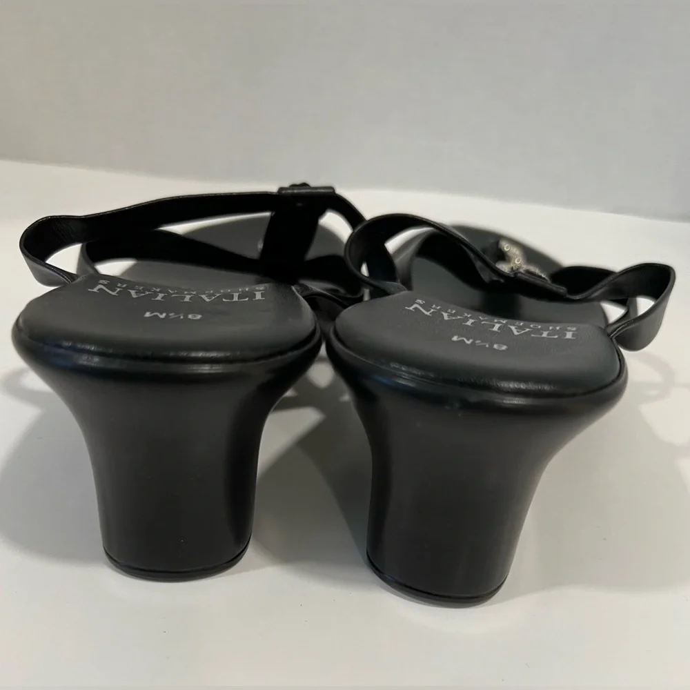 NEWItalian Shoemakers Women Black Heeled Leather Sandals 8.5M Rhinestone Accent